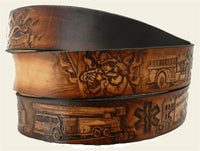 A stack of brown leather belts with an intricate firefighter theme tooling, including a firefighter rescuing a person, fire trucks with ladders, an EMS Star of Life symbol, and a fire helmet