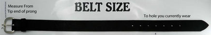 Leather belt sizing chart showing how to measure from buckle to hole for an accurate personalized fit.
