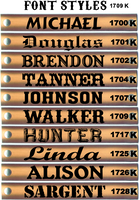 Font selection chart for customizing kids' name belts, displaying engraving options for Gavere Leather's youth designs.