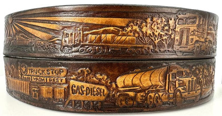 Western style belt with trucker design, Gavere Leather, handcrafted