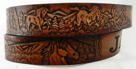 Circular detail view of children's horse-themed name belt, featuring embossed running horses on hand-tooled leather.