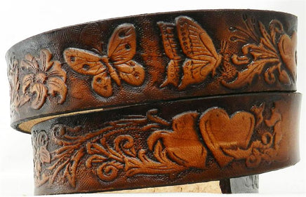 Durable Custom Kids Belt - Leather Hide with Embossed Butterfly & Heart Design