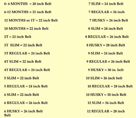 Children's belt sizing chart showing how to accurately measure for a proper fit on Gavere Leather custom name belts.