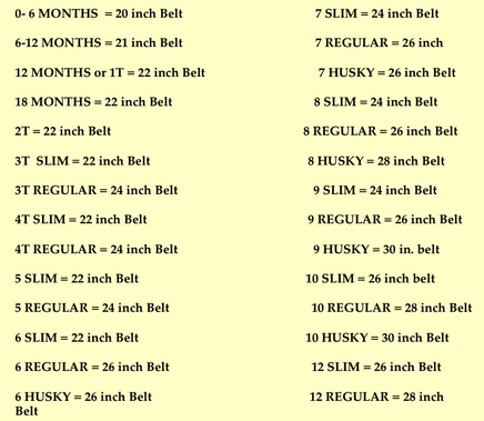 Child belt sizing chart illustrating how to measure a child's waist to select the proper size for custom leather belts.