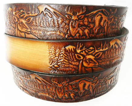 Full-length view of Gavere Leather deer scene belt showcasing custom name engraving and wildlife-themed embossing.