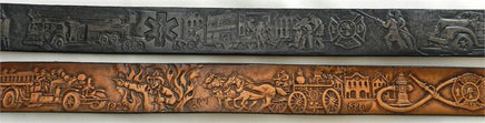 A side-by-side view of the Firefighter History scene tooled pattern on two colors of leather: a black/grey distressed finish (top) and the two-tone brown finish (bottom).