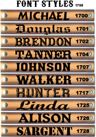 Font options for customizing adult name belts, displaying engraving styles for Gavere Leather’s personalized designs.