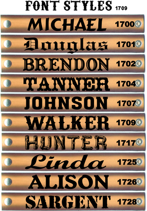 Font options for customizing adult name belts, displaying engraving styles for Gavere Leather’s personalized designs.