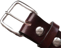 A close-up detail of a brown leather belt secured with a standard, removable silver utility buckle and a silver rivet.