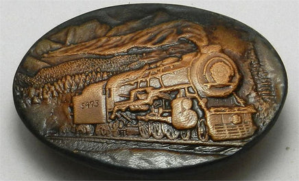 Detailed view of leather belt buckle with a train design, SKU ZL113.