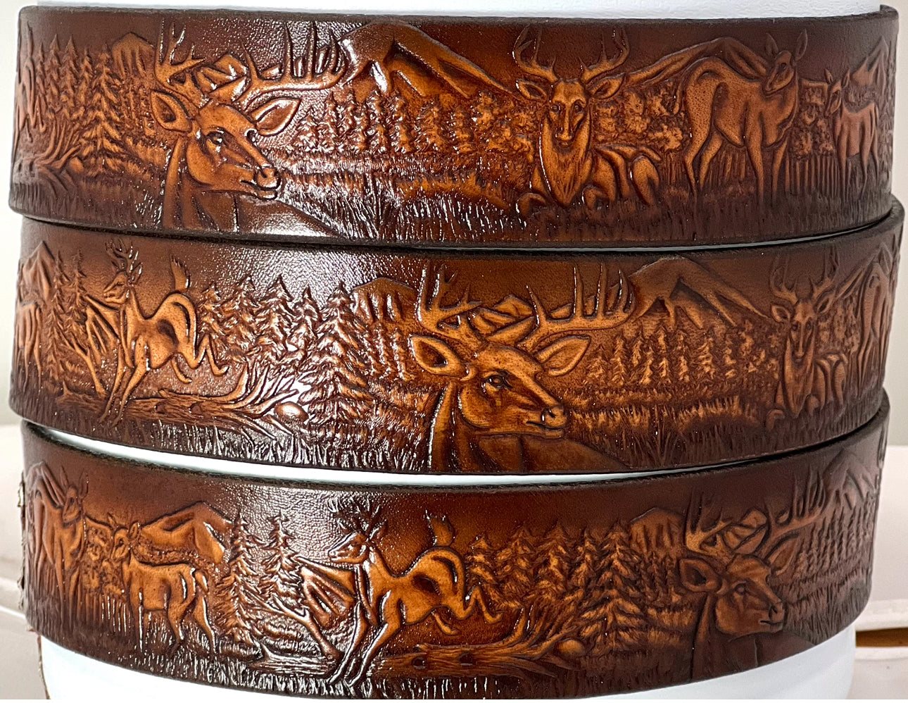 Vintage Tooled Leather‎ Nature Scene Belt Tan Tree Sun Embossed Brass Buckle Vintage Floral Tooled Leather Belt, Tan Brass Buckle, 80s  main image 3