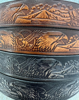 Leather belt featuring a detailed double eagle design, Gavere Leather