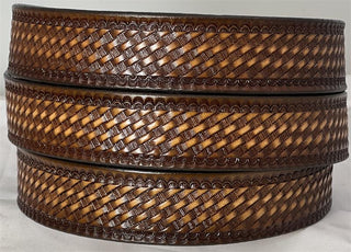 Three stacked dark brown leather belts featuring an intricate, deeply embossed basketweave tooling pattern across the center, bordered by a scalloped edge.