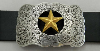 Rectangular nickel antique finish belt buckle featuring a central golden star, exuding classic Western style.