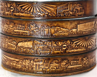 Gavere Leather belt with embossed trucking scene, made in USA