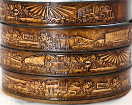 Gavere Leather belt with embossed trucking scene, made in USA