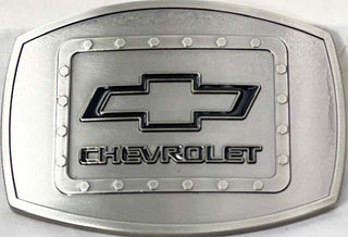 Silver belt buckle with the Chevrolet logo. The logo is embossed in black and outlined in silver, with the word 