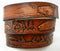 Close-up of Gavere Leather's handcrafted fishing scene belt, featuring embossed anglers and fish on brown top-grain cowhide.