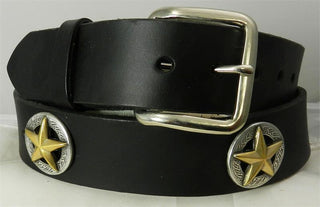 Black leather belt with a simple silver-tone square buckle and two visible round western conchos. Each concho features a gold-tone 3D star centered on a silver, engraved background.