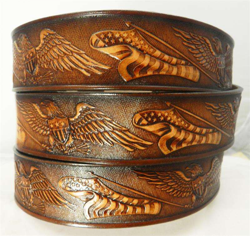 BELT LEATHER CUSTOM HAND CRAFTED 1-1/2"  WITH EAGLE DESIGN IN BLACK OR BROWN 